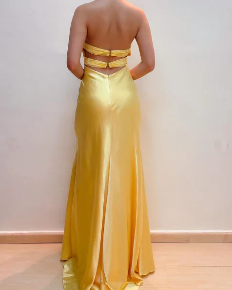 Pretty Mermaid V Neckline Satin Yellow Long Prom Dresses Formal Evening Dresses SD2709