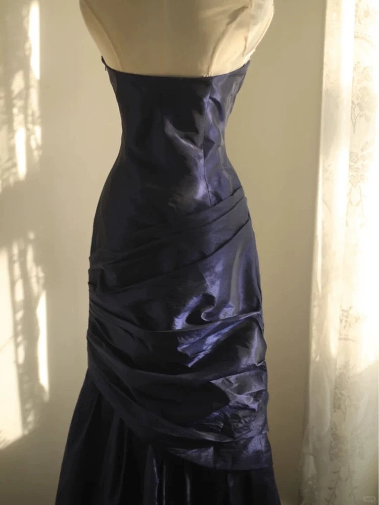Classy Mermaid Strapless Navy Blue Organza Long Evening Gowns Prom Dress SD2743
