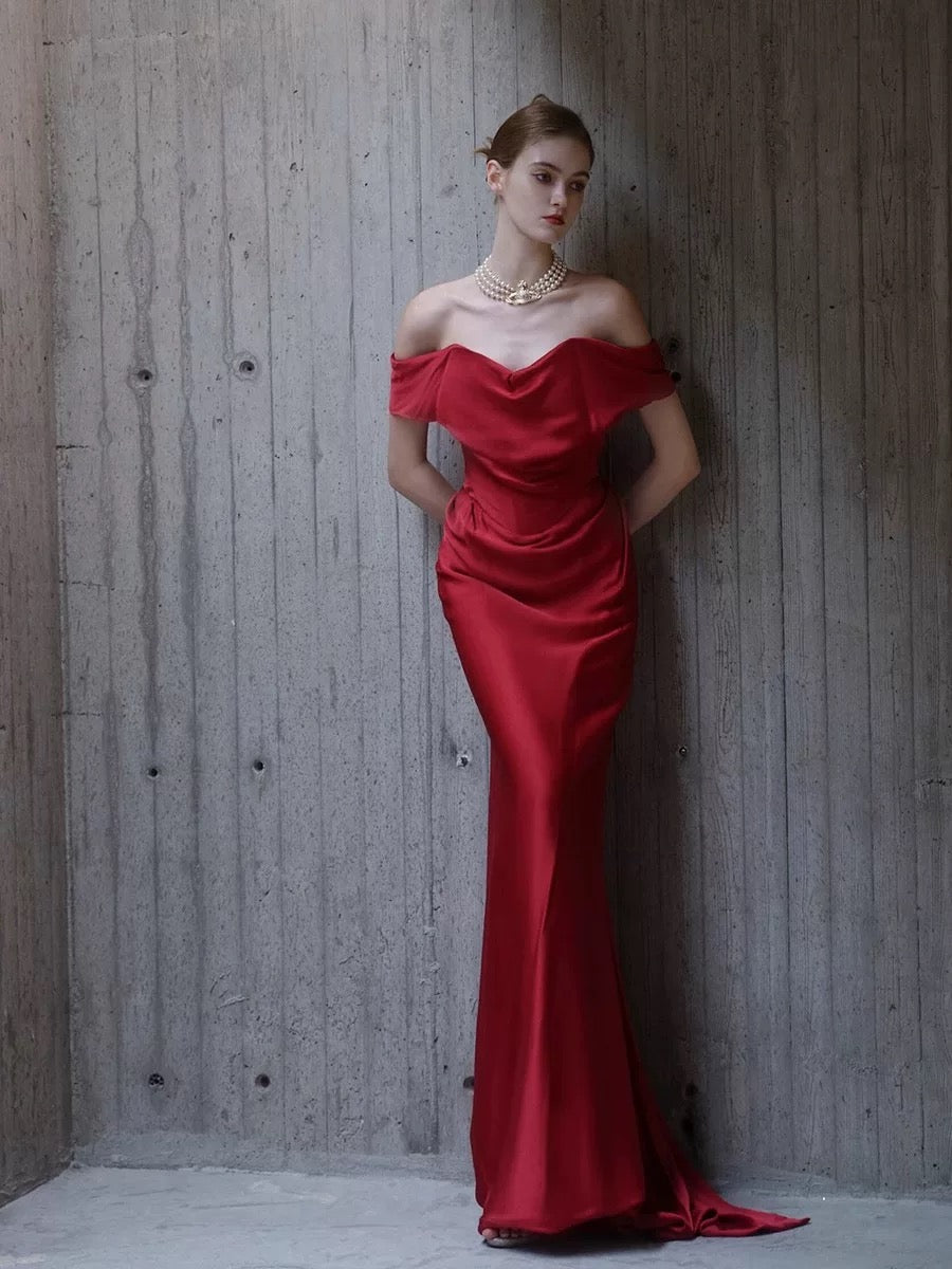 Classy Mermaid Off The Shoulder Red Satin Long Evening Gowns Prom Dress SD2746