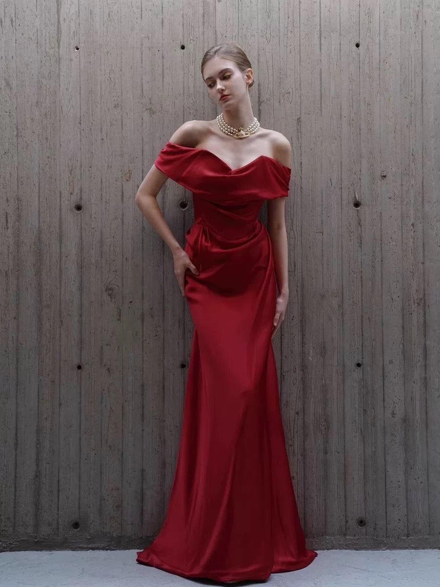 Classy Mermaid Off The Shoulder Red Satin Long Evening Gowns Prom Dress SD2746