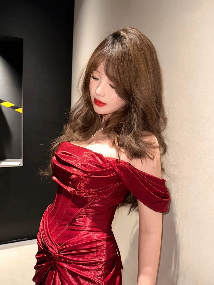 Classy Mermaid Off The Shoulder Red Satin Long Evening Gowns Split Prom Dress SD2747