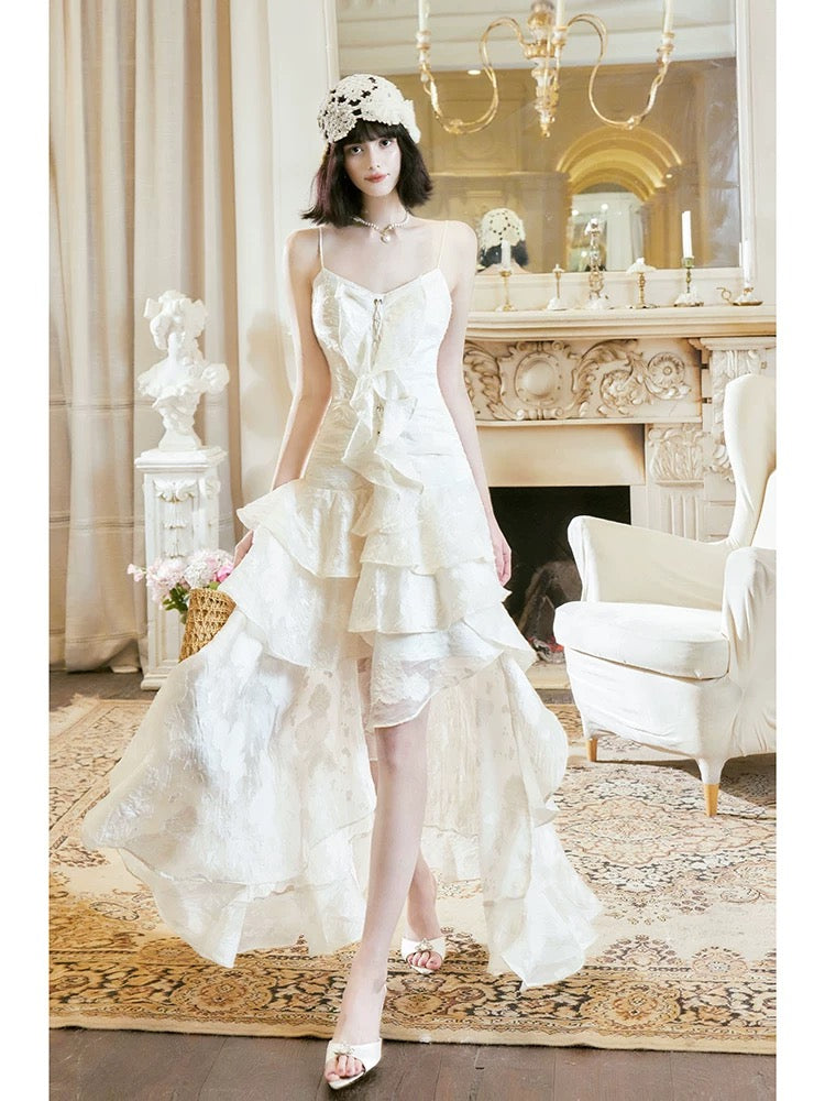 Pretty A Line High Low Ruffles Long Evening Dress Lace White Prom Dresses SD2750