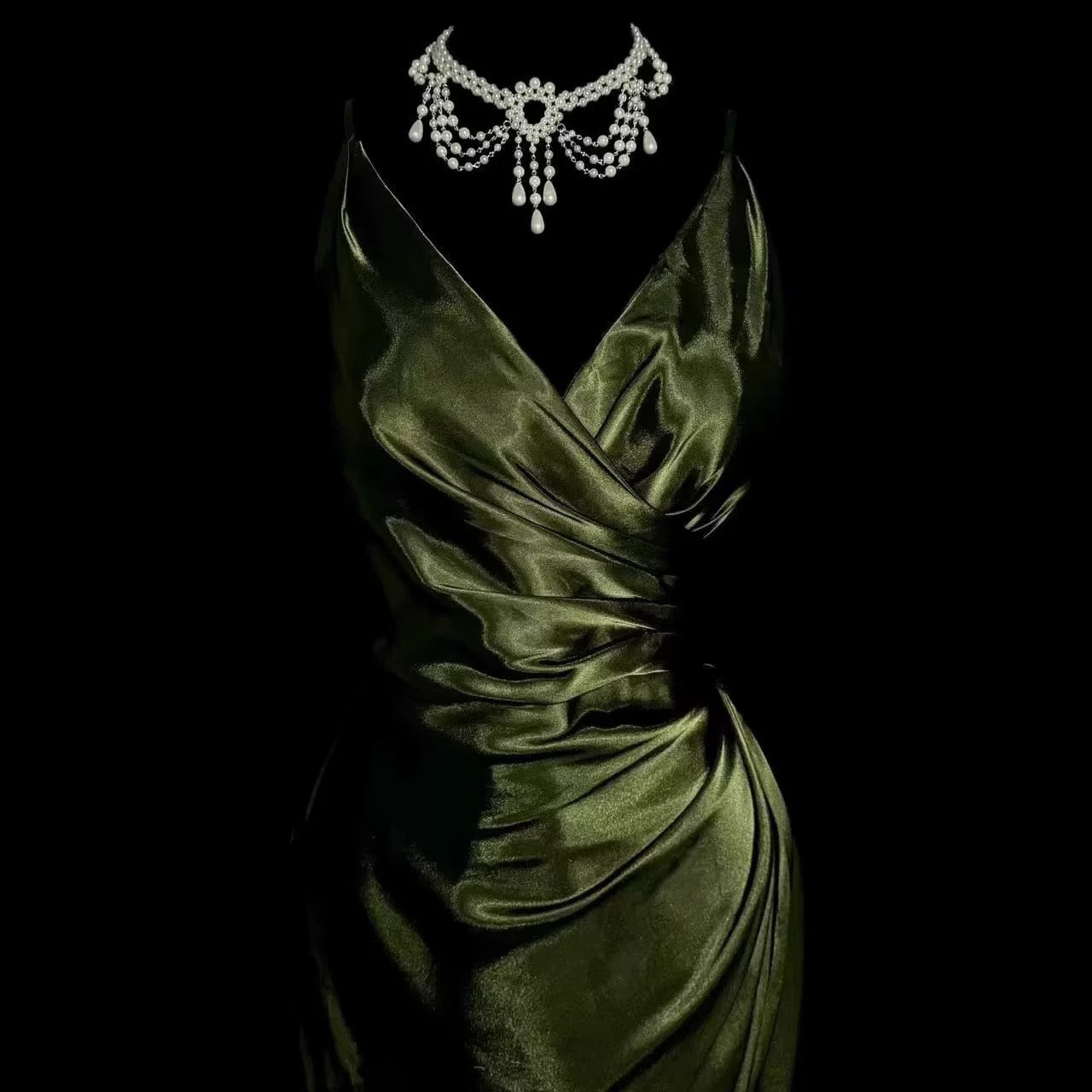 Retro Mermaid Spaghetti Straps Satin Green Long Evening Dress Prom Dresses SD2754