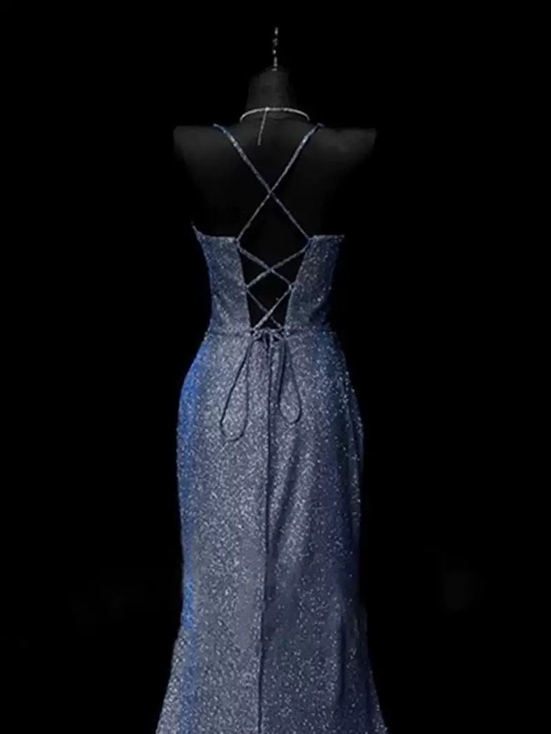 Classy Mermaid Spaghetti Straps Navy Blue Sequin Long Evening Gowns Prom Dress SD2765