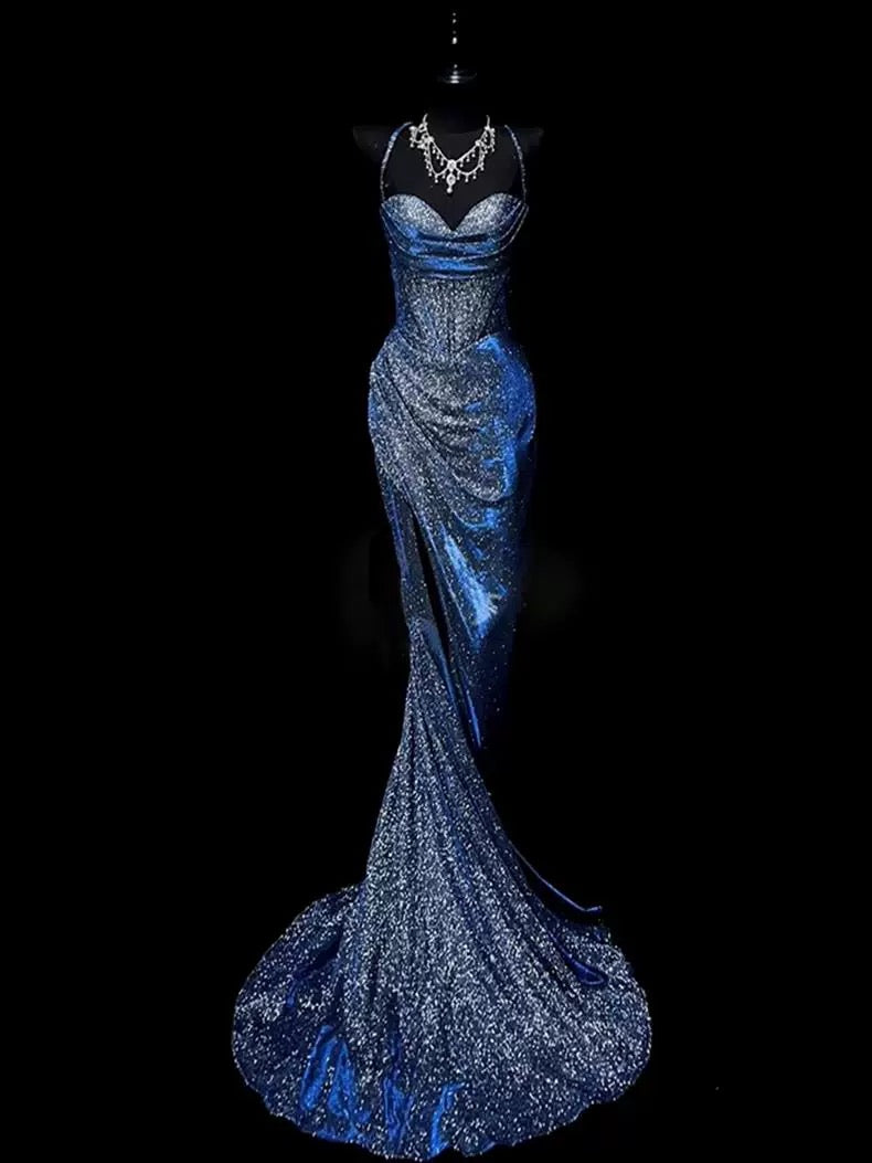 Classy Mermaid Spaghetti Straps Navy Blue Sequin Long Evening Gowns Prom Dress SD2765