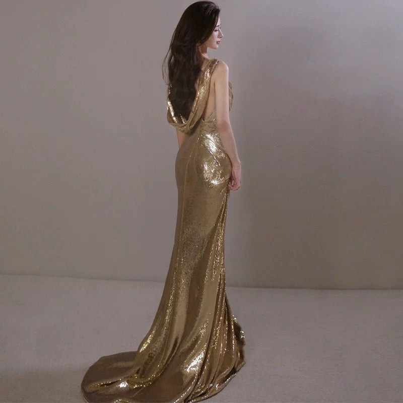 Classy Mermaid Straps Gold Sequin Long Evening Gowns Prom Dress SD2770