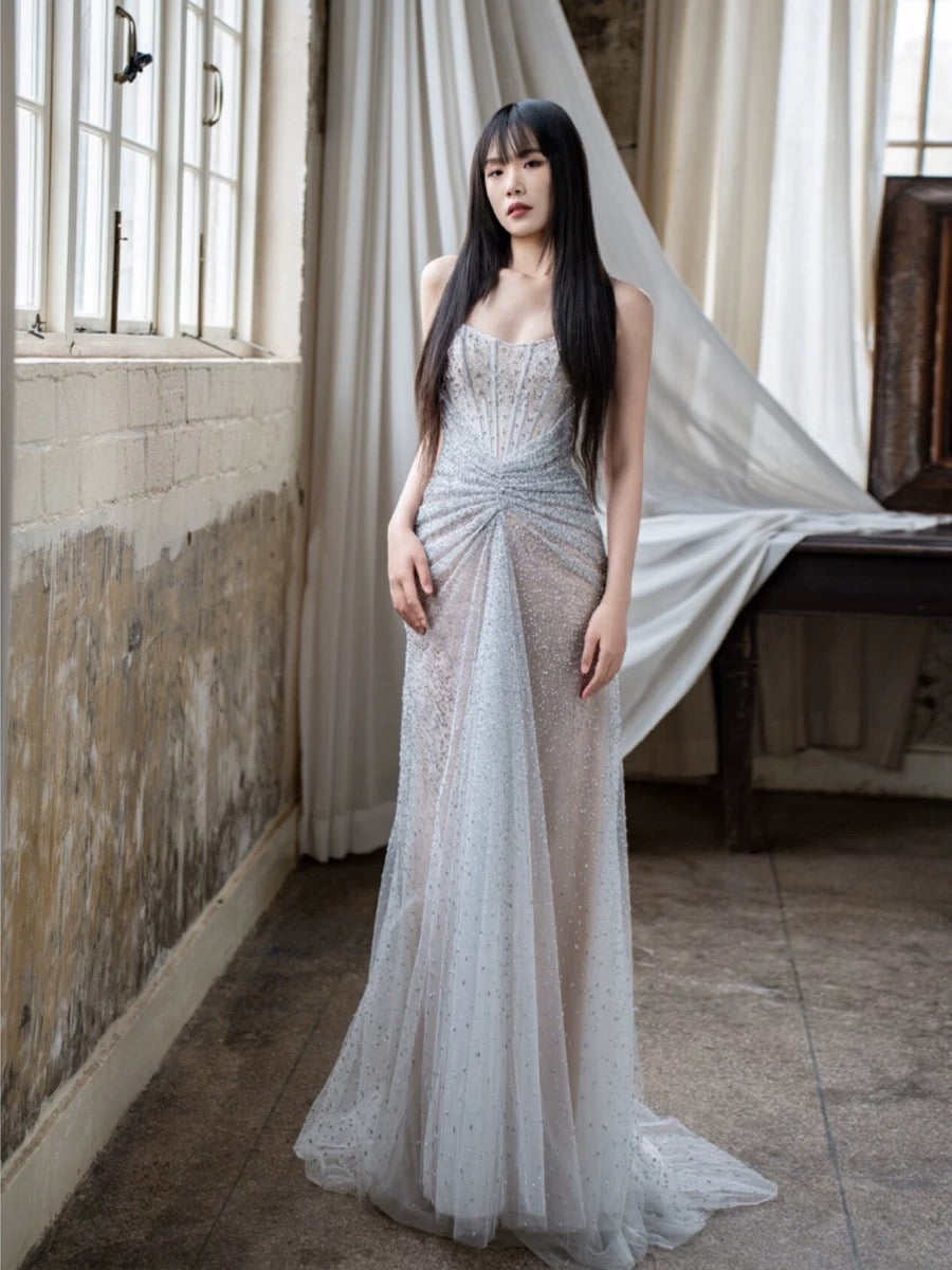 Pretty Mermaid Off The Shoulder Silver Sequin Evening Dress Prom Dresses SD2774