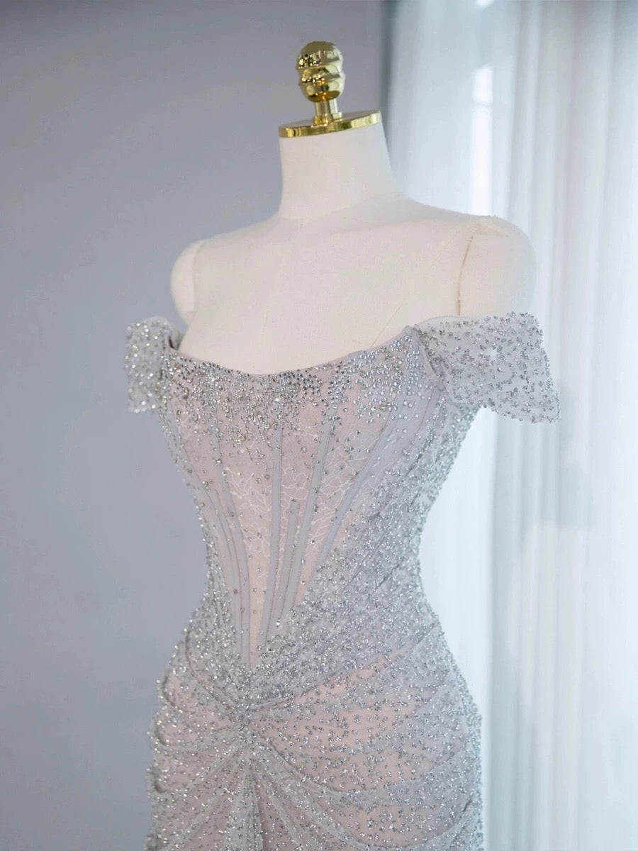 Pretty Mermaid Off The Shoulder Silver Sequin Evening Dress Prom Dresses SD2774