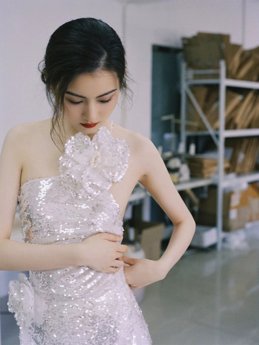 Pretty A Line One Shoulder Silver Sequin Long Length Evening Dress Prom Dresses SD2777