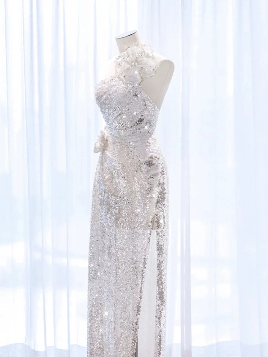 Pretty A Line One Shoulder Silver Sequin Long Length Evening Dress Prom Dresses SD2777