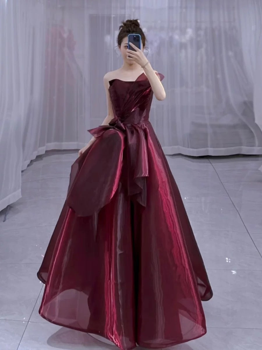 Pretty Ball Gown Strapless Burgundy Organza Long Length Evening Dress Prom Dresses SD2778
