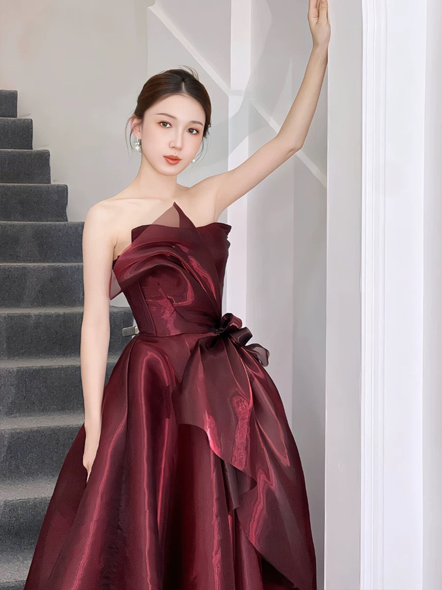 Pretty Ball Gown Strapless Burgundy Organza Long Length Evening Dress Prom Dresses SD2778
