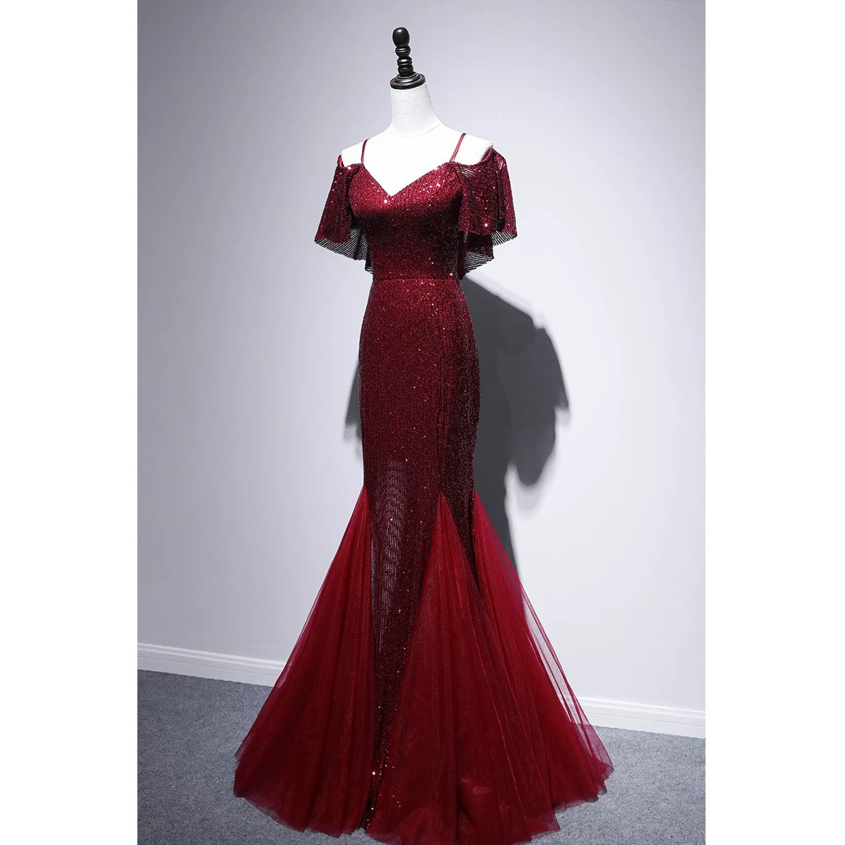 Pretty Mermaid Off The Shoulder Burgundy Sequin Long Evening Dress Prom Dresses SD2780