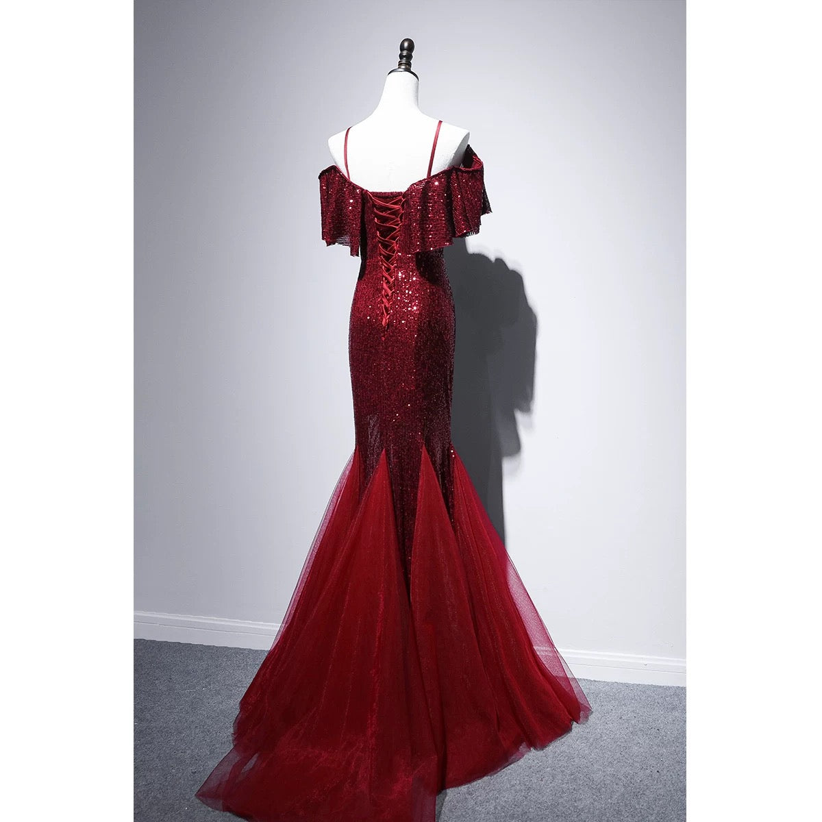Pretty Mermaid Off The Shoulder Burgundy Sequin Long Evening Dress Prom Dresses SD2780