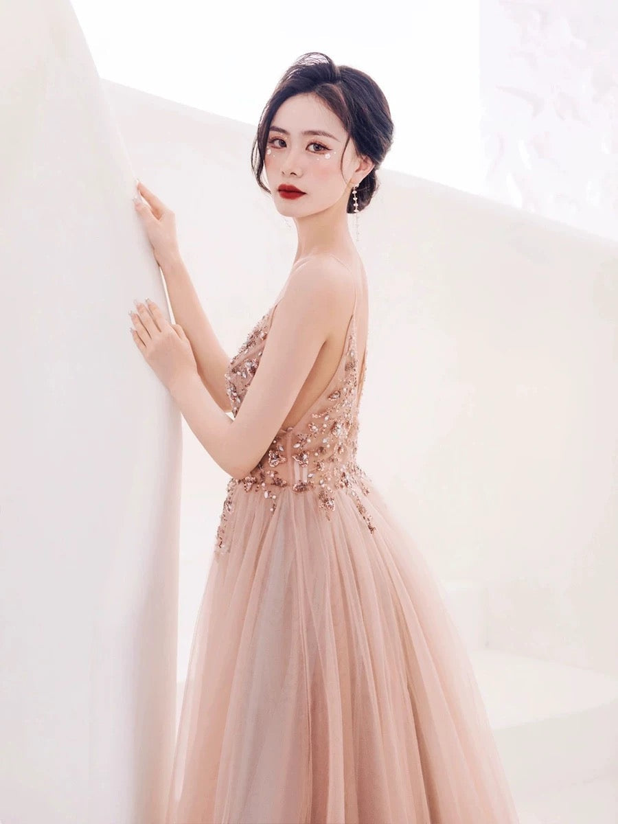 Pretty A line Spaghetti Straps Tulle Long Length Evening Dress Prom Dresses SD2783