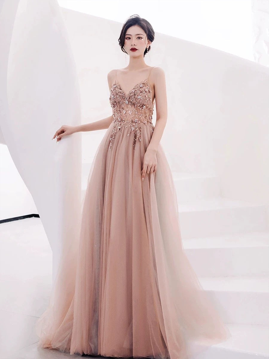 Pretty A line Spaghetti Straps Tulle Long Length Evening Dress Prom Dresses SD2783