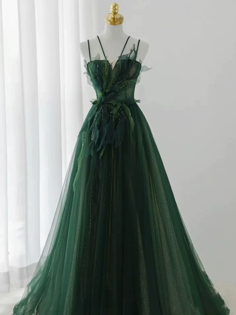 Pretty Ball Gown Spaghetti Straps Tulle Green Long Length Evening Dress Prom Dresses SD2785