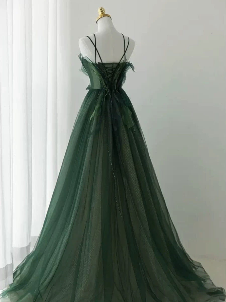 Pretty Ball Gown Spaghetti Straps Tulle Green Long Length Evening Dress Prom Dresses SD2785