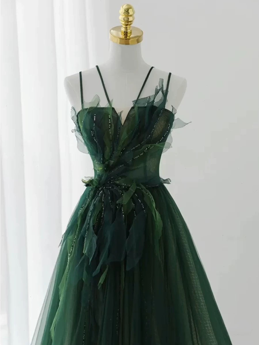 Pretty Ball Gown Spaghetti Straps Tulle Green Long Length Evening Dress Prom Dresses SD2785