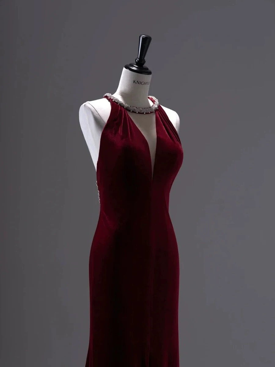 Pretty Mermaid Burgundy Velvet Long Backless Evening Dress Prom Dresses SD2786