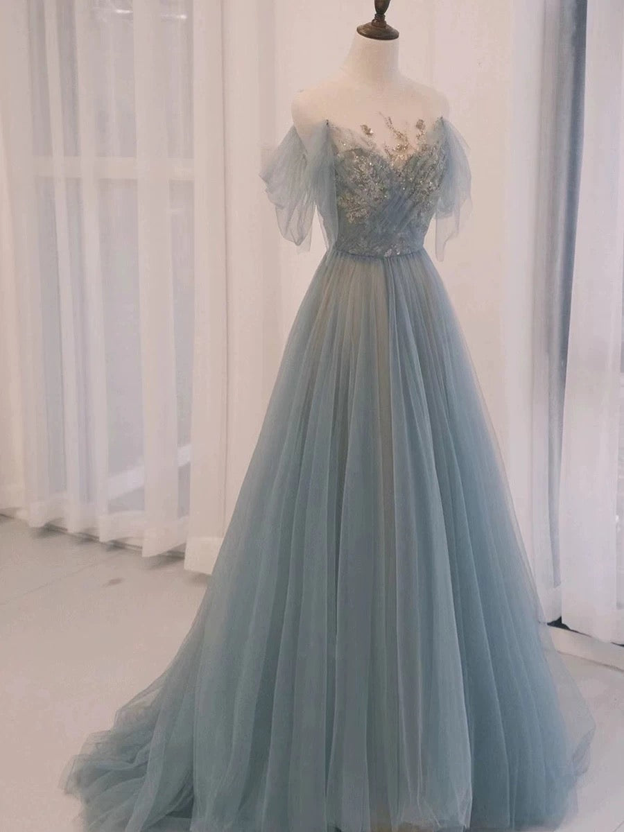 Pretty A Line Off The Shoulder Blue Tulle Long Length Evening Dress Prom Dresses SD2790