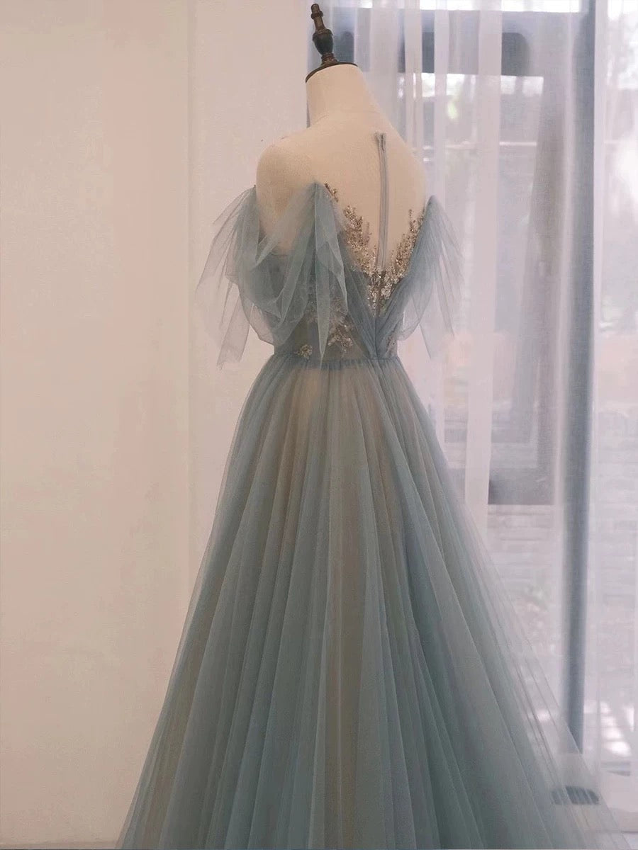 Pretty A Line Off The Shoulder Blue Tulle Long Length Evening Dress Prom Dresses SD2790
