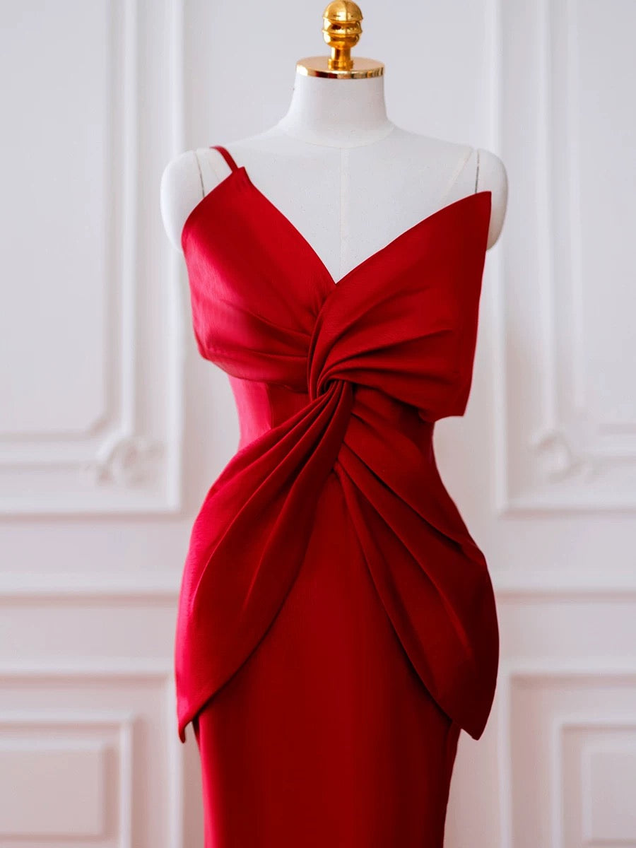 Pretty Mermaid One Shoulder Red Satin Long Evening Dress Prom Dresses SD2791