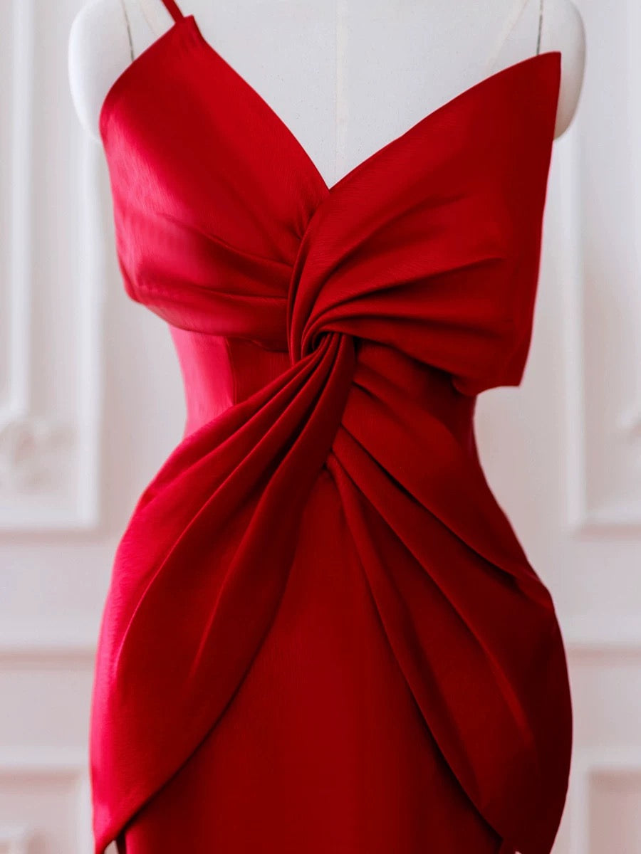 Pretty Mermaid One Shoulder Red Satin Long Evening Dress Prom Dresses SD2791