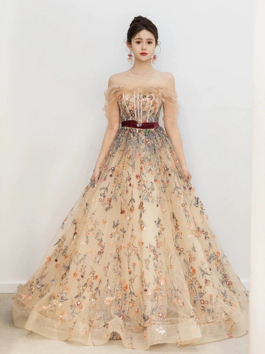 Pretty A Line Off The Shoulder Long Sleeves Floral Tulle Long Length Evening Dress Prom Dresses SD2792