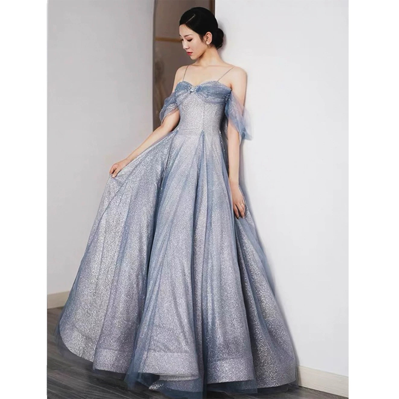 Pretty A Line Off The Shoulder Blue Sequin Tulle Long Length Evening Dress Prom Dresses SD2793