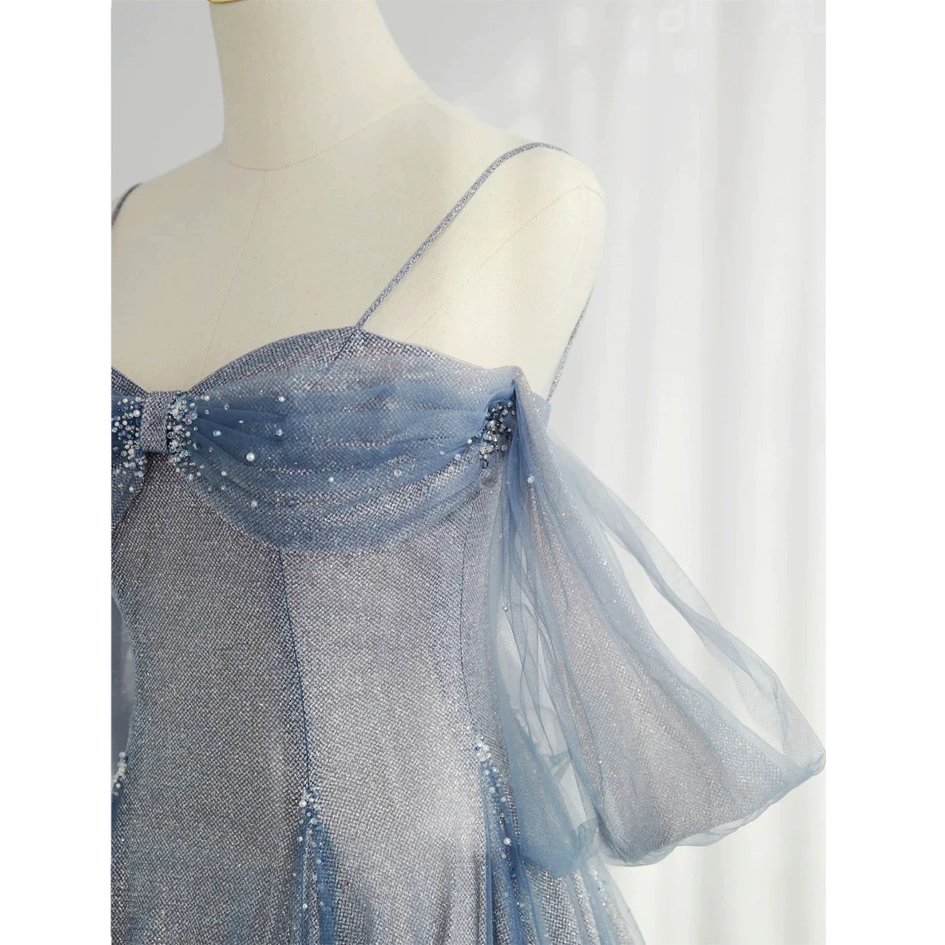 Pretty A Line Off The Shoulder Blue Sequin Tulle Long Length Evening Dress Prom Dresses SD2793
