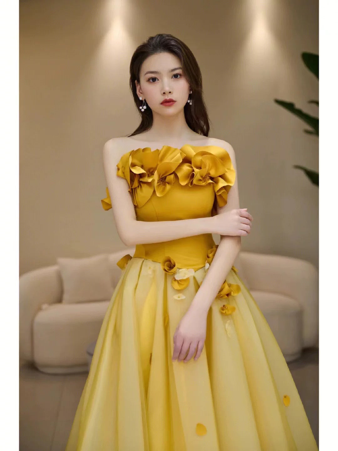 Modest A line Strapless Yellow Tulle Long Prom Dress Party Dress SD2795
