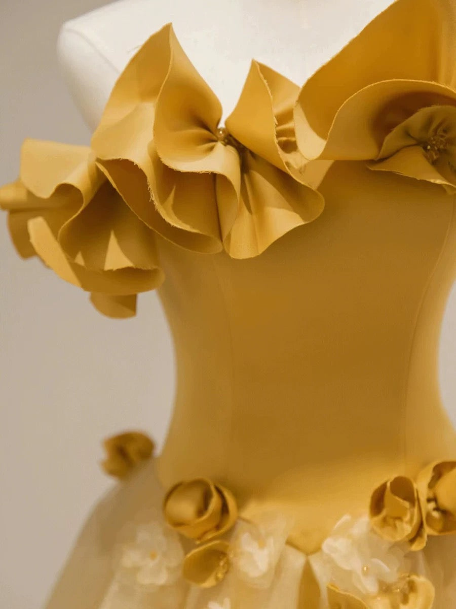 Modest A line Strapless Yellow Tulle Long Prom Dress Party Dress SD2795