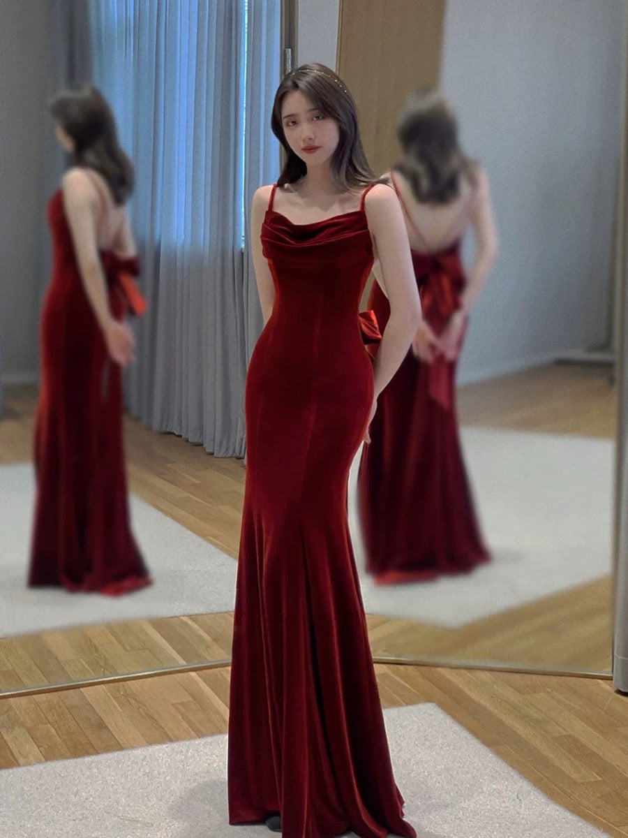 Pretty Mermaid Spaghetti Straps Wine Red Velvet Long Evening Dress Prom Dresses SD2797