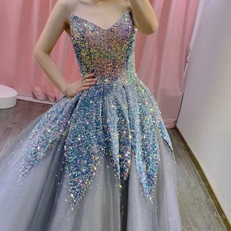 Gorgeous Balll Gown Sweetheart Blue Sequin Tulle Long Evening Dress Prom Dresses SD2799