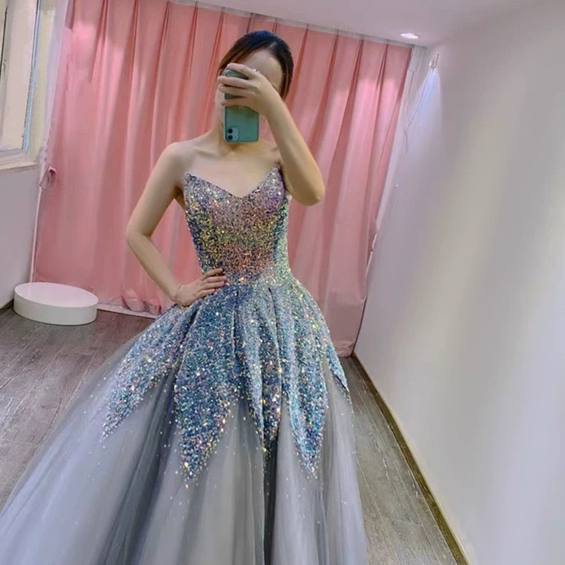 Gorgeous Balll Gown Sweetheart Blue Sequin Tulle Long Evening Dress Prom Dresses SD2799