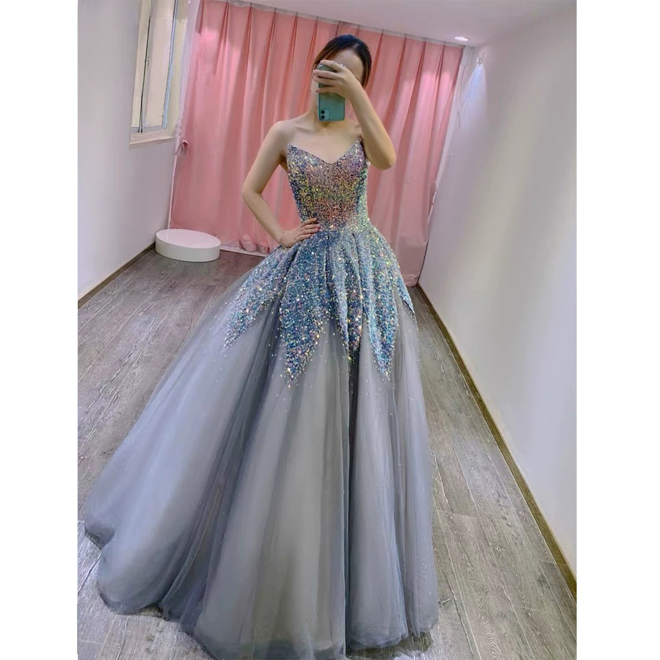 Gorgeous Balll Gown Sweetheart Blue Sequin Tulle Long Evening Dress Prom Dresses SD2799