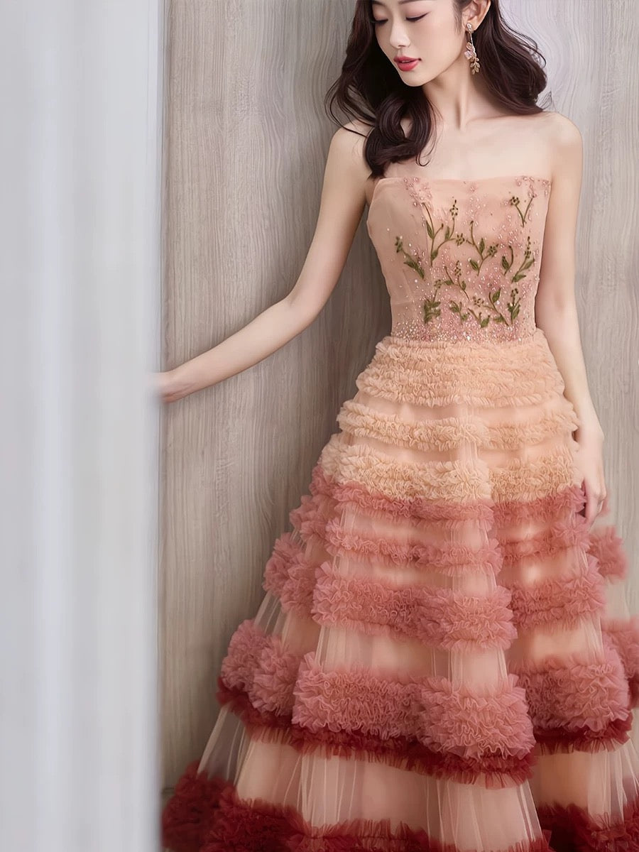 Gorgeous Balll Gown Strapless Tulle Pink Ruffles Long Evening Dress Prom Dresses SD2801