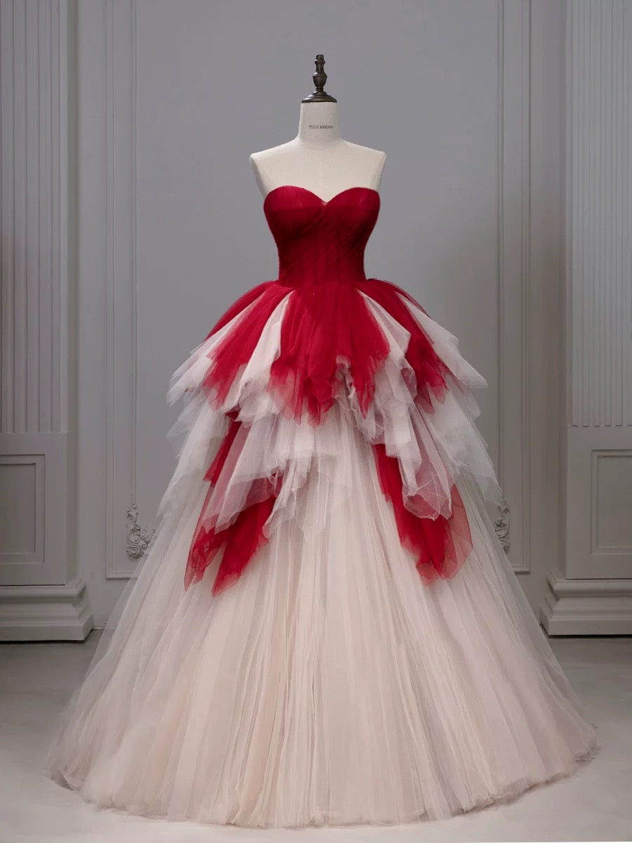 Gorgeous Balll Gown Sweetheart Red Tulle Ruffles Long Evening Dress Prom Dresses SD2802