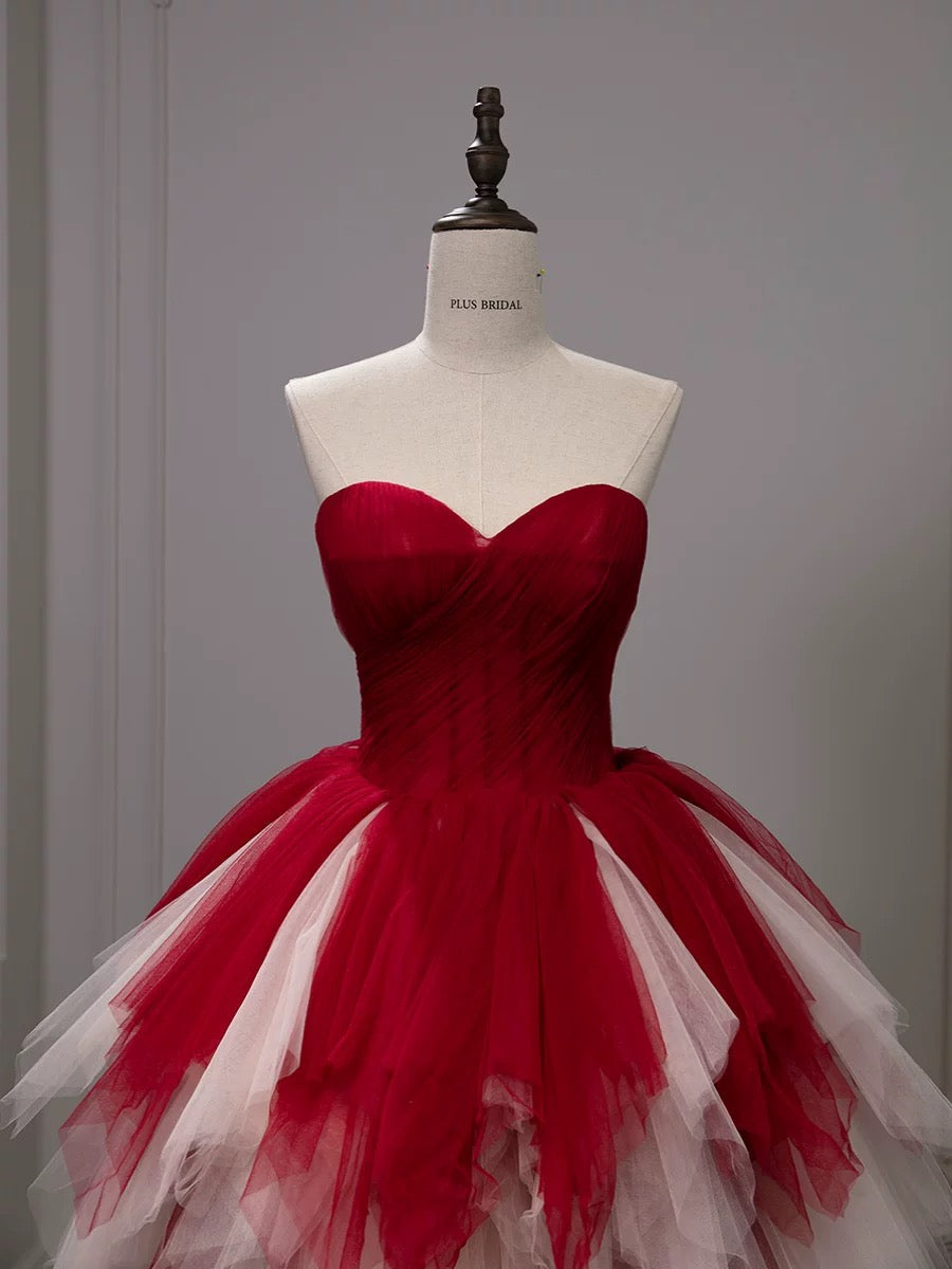 Gorgeous Balll Gown Sweetheart Red Tulle Ruffles Long Evening Dress Prom Dresses SD2802