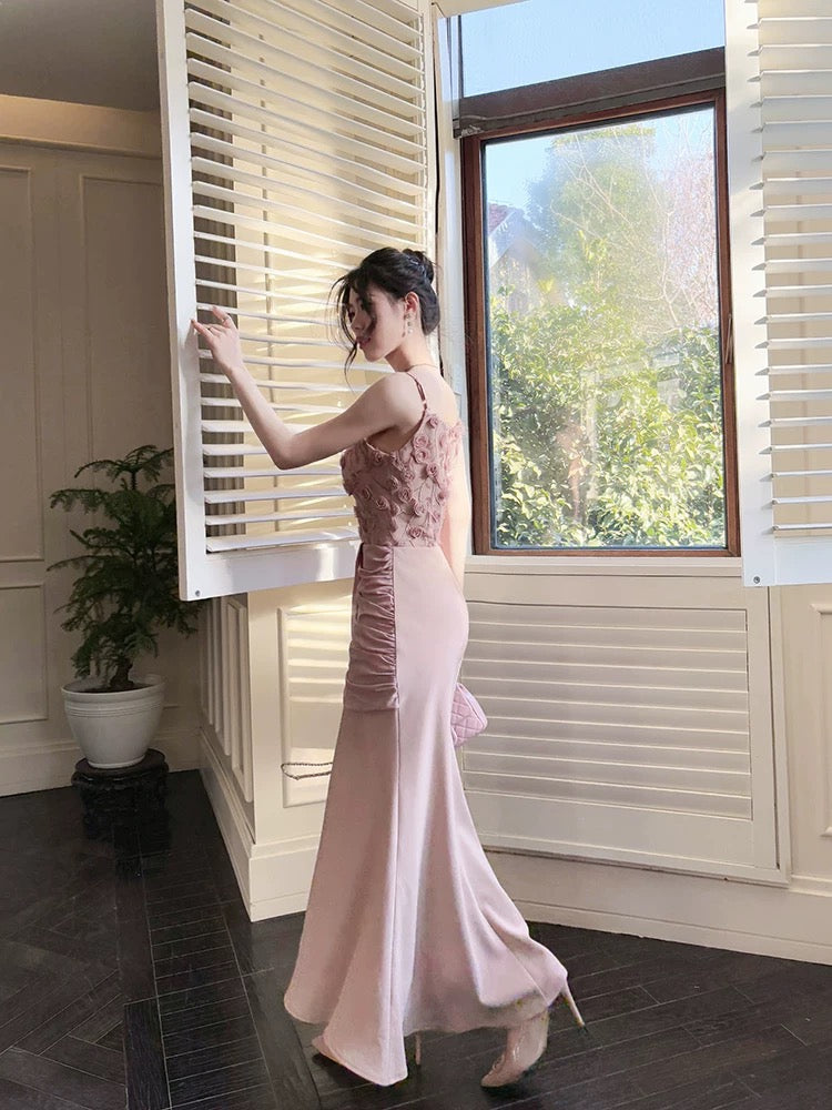 Pretty Mermaid Spaghetti Straps Pink Long Evening Dress Prom Dresses SD2804