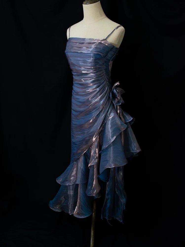 Vintage Mermaid Spaghetti Straps Satin Long Party Dress Prom Dresses S2806