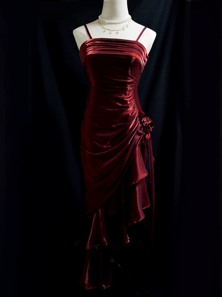 Vintage Mermaid Spaghetti Straps Satin Long Party Dress Prom Dresses SD2806