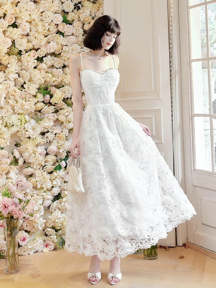 Pretty A Line Spaghetti Straps White Lace Long Length Evening Dress Prom Dresses SD2810