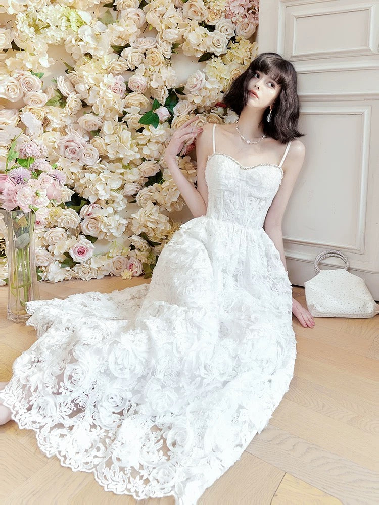 Pretty A Line Spaghetti Straps White Lace Long Length Evening Dress Prom Dresses SD2810