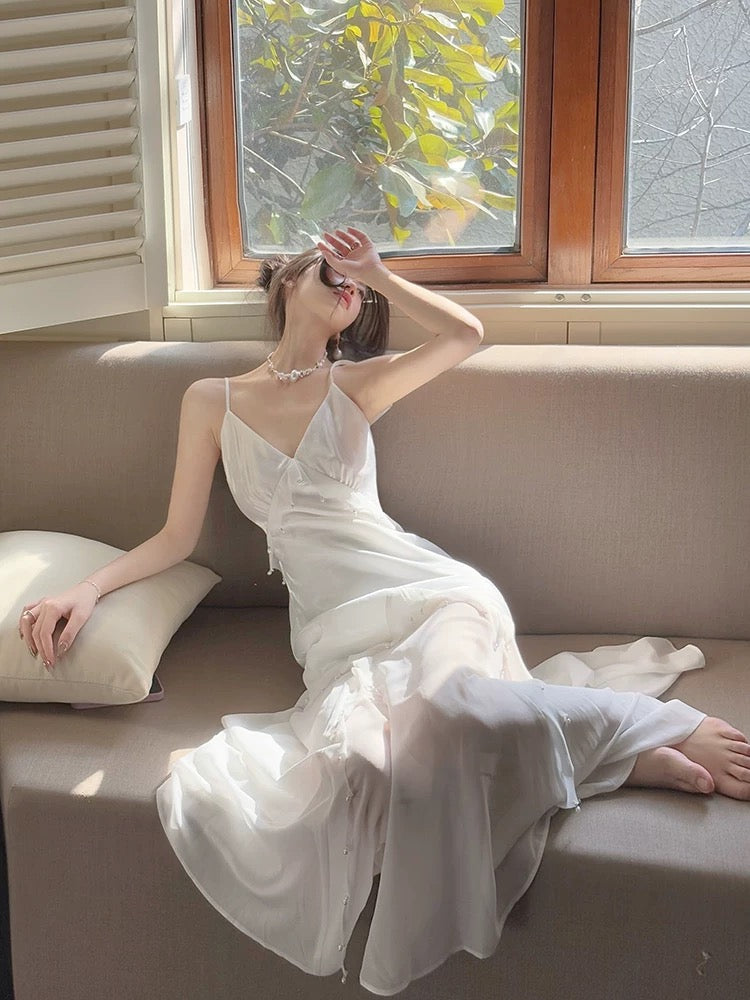 Modest Mermaid Spaghetti Straps White Long Evening Dress Prom Dresses SD2813