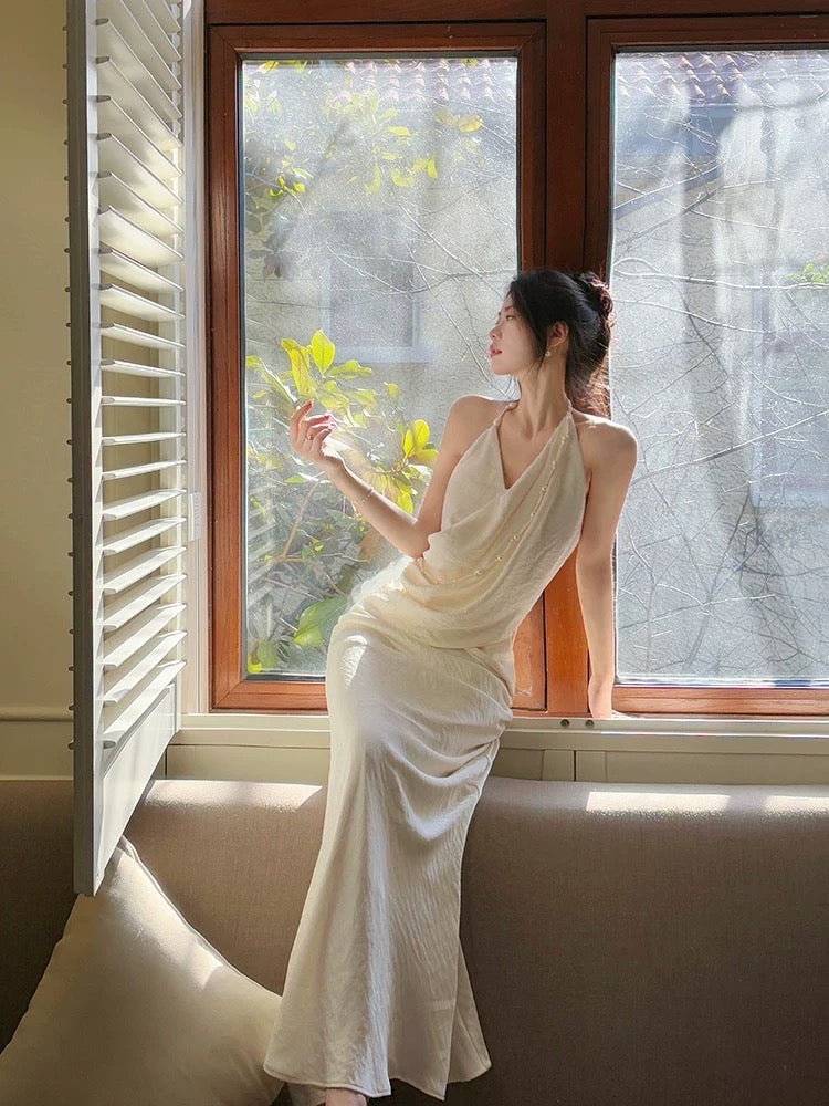 Modest Mermaid Halter Ruffles Long Evening Dress White Prom Dresses SD2816