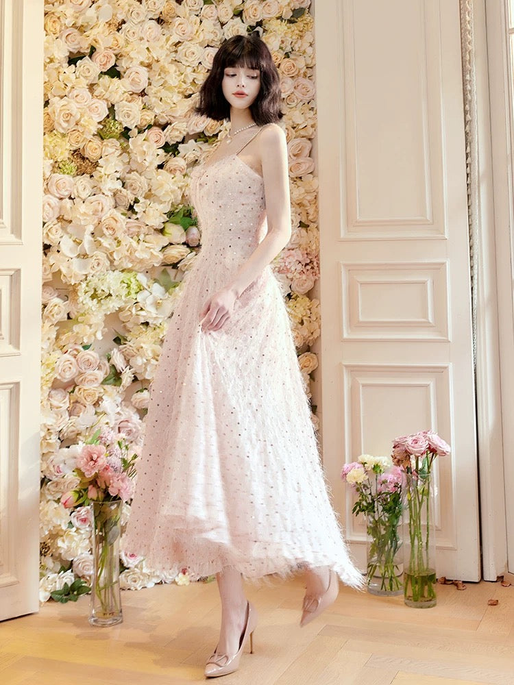 Pretty A Line Spaghetti Straps Pink Ankle Length Evening Dress Prom Dresses SD2817