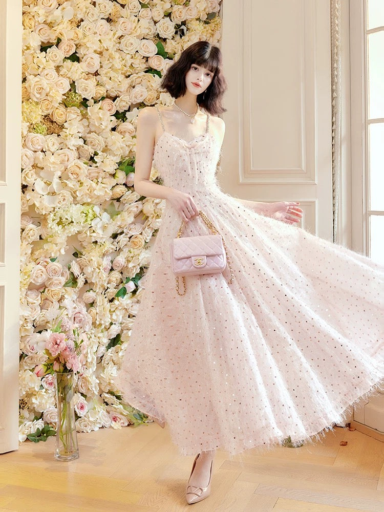 Pretty A Line Spaghetti Straps Pink Ankle Length Evening Dress Prom Dresses SD2817