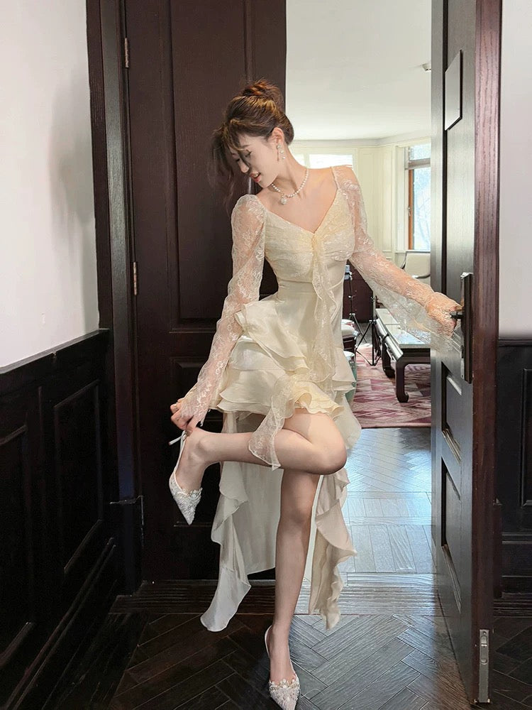 Sexy High Low V Neckline White Lace Ruffles Long Evening Dress Lace Prom Dresses SD2822